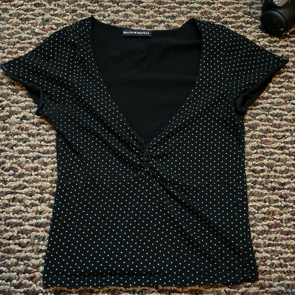 Brandy Meville V neck Black and White polka dot crop top